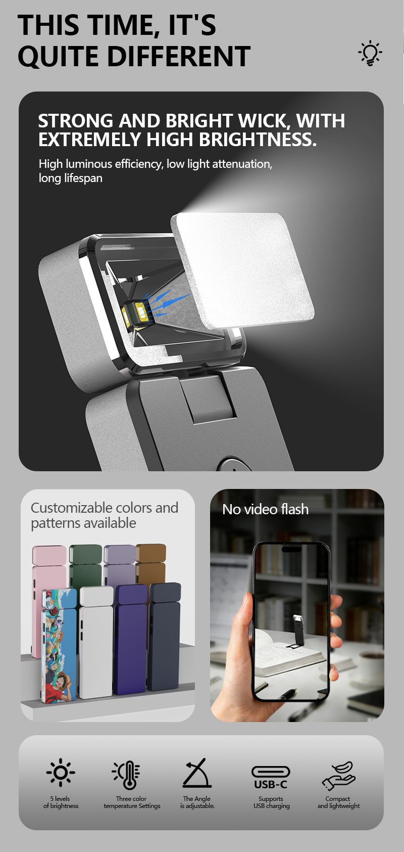 EGH Silvery Rechargeable Reading Light with Type-C 5-Speed Adjustment detail photo