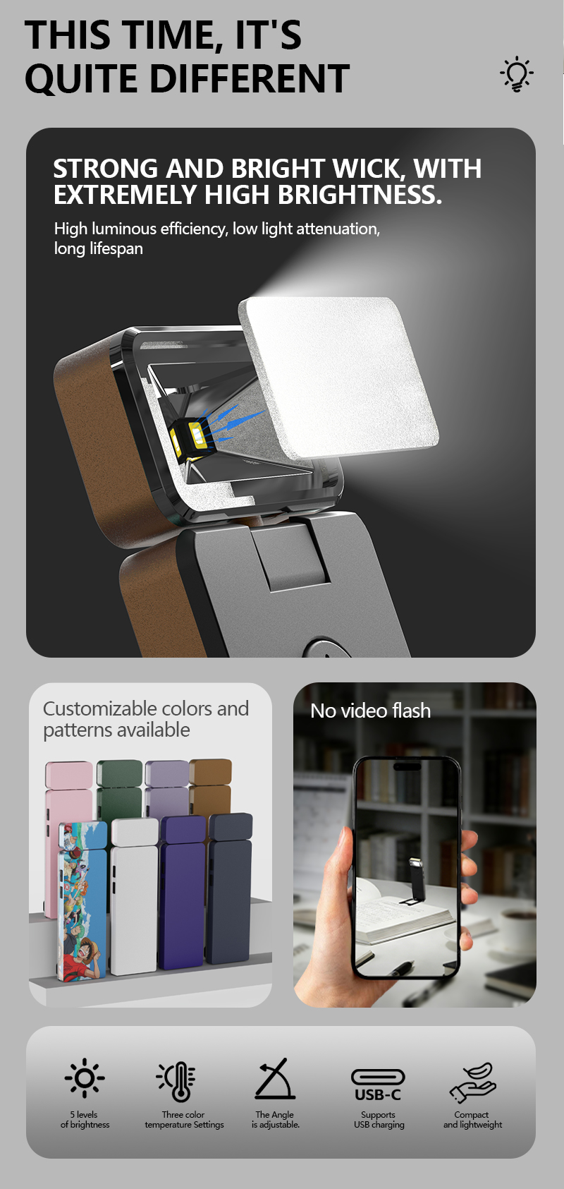 EGH 3 Color Temperature Type-C Yellow Led Book Reading Light detail photo