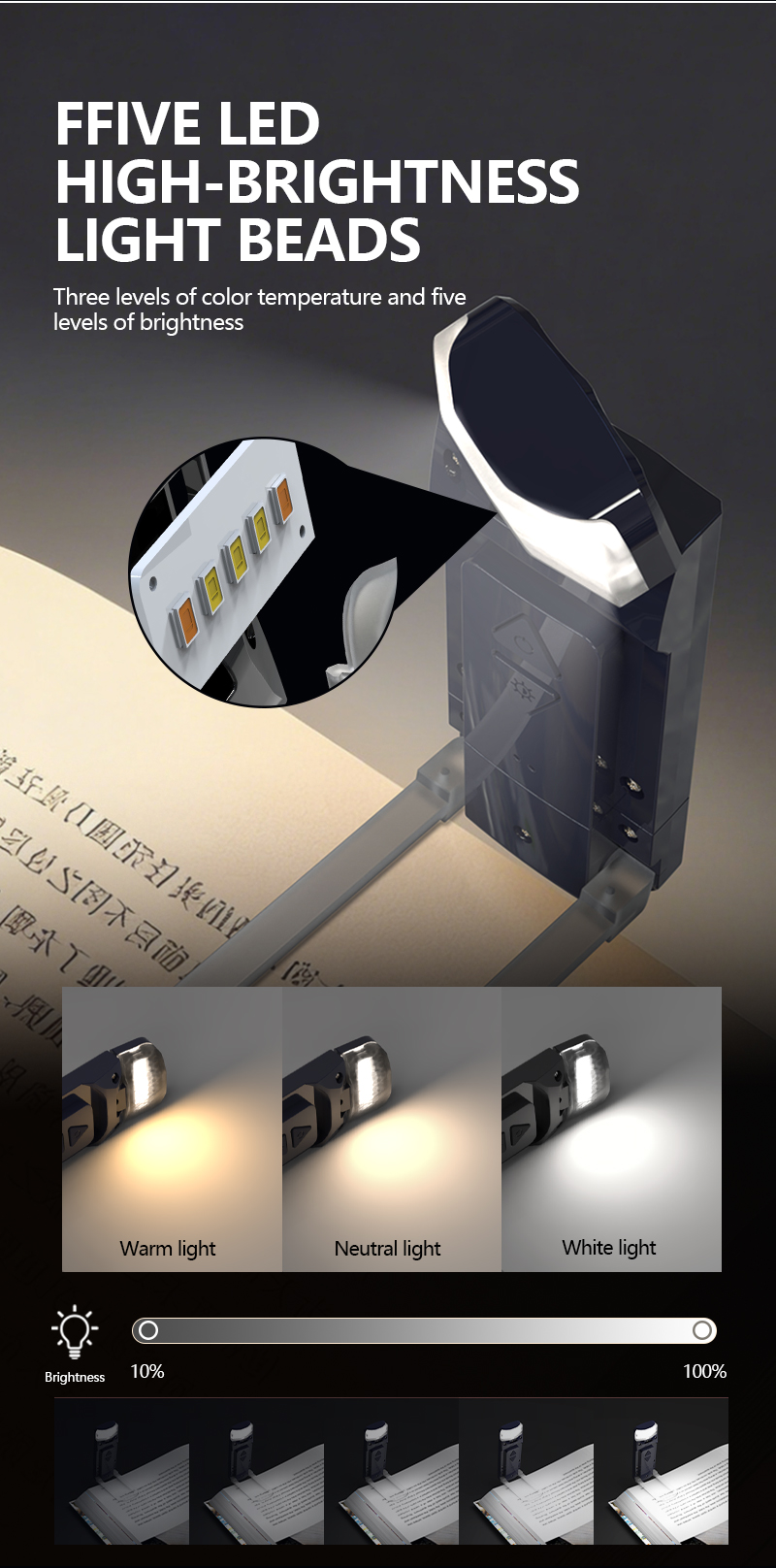 EGH Portable Mini 5-speed Color Adjustment Blue Black USB LED Book Light detail photo