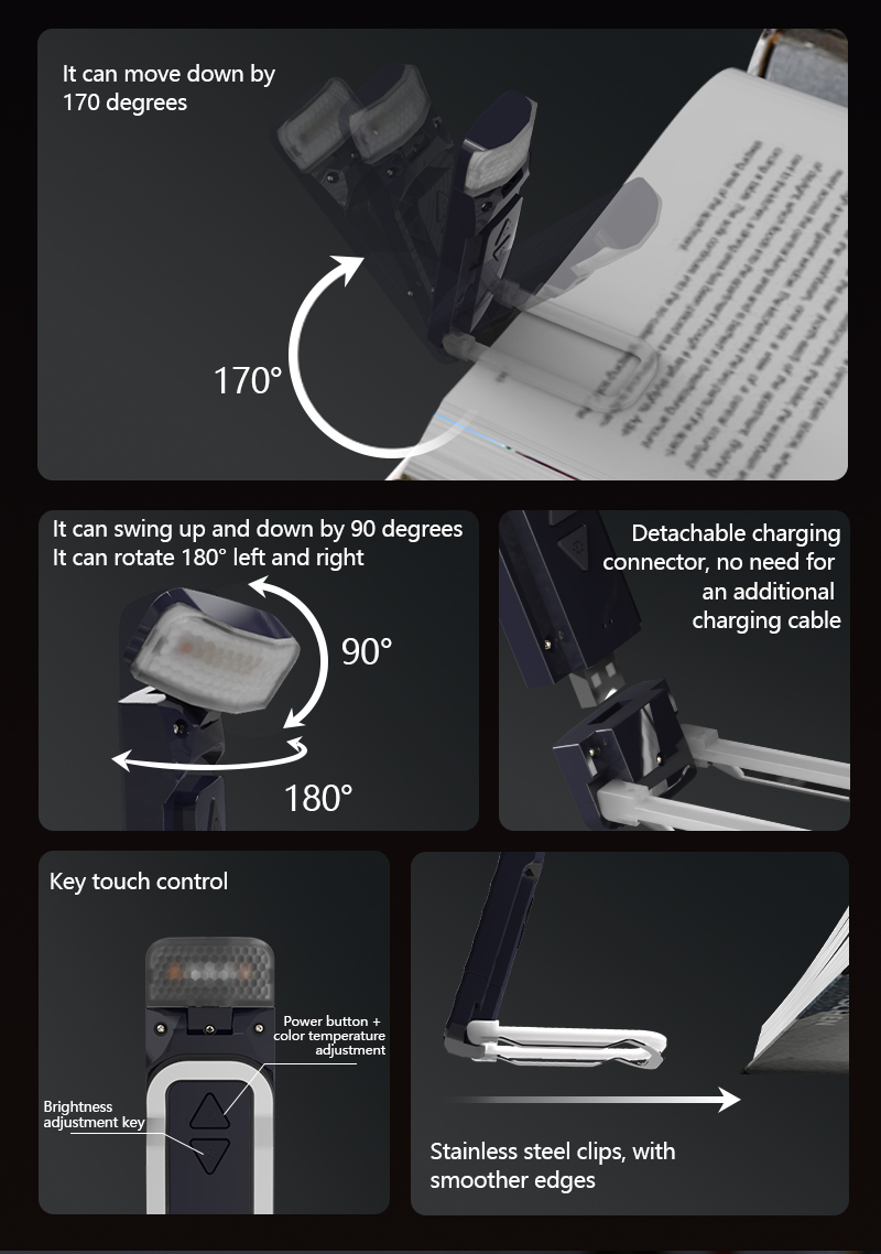 EGH Portable Mini 5-speed Color Adjustment Blue Black USB LED Book Light detail photo