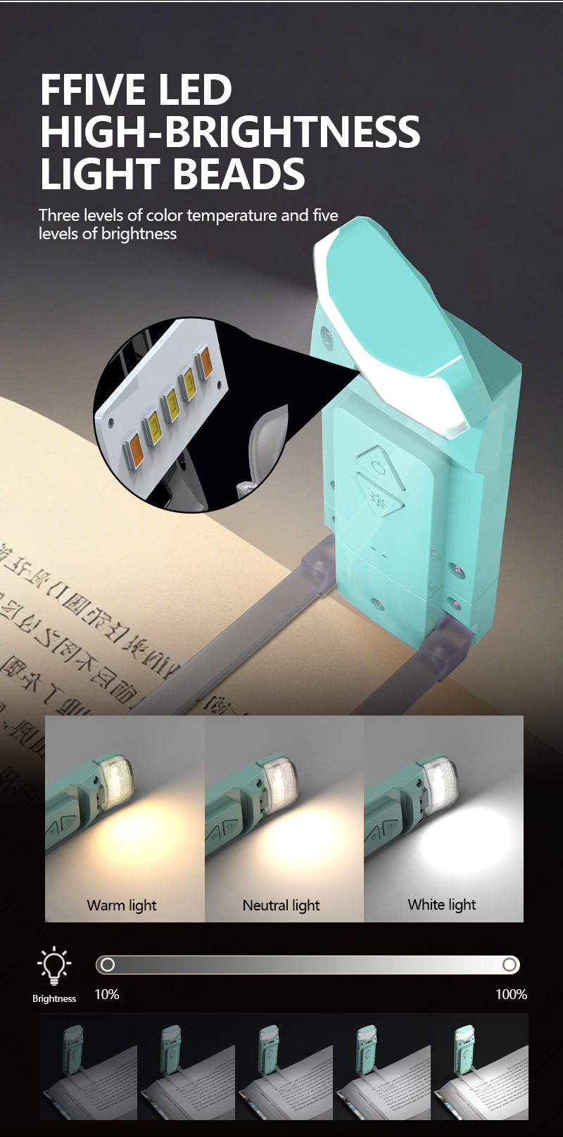 EGH USB Cyan 3 colors temperature Adjustable Brightness Book Light detail photo