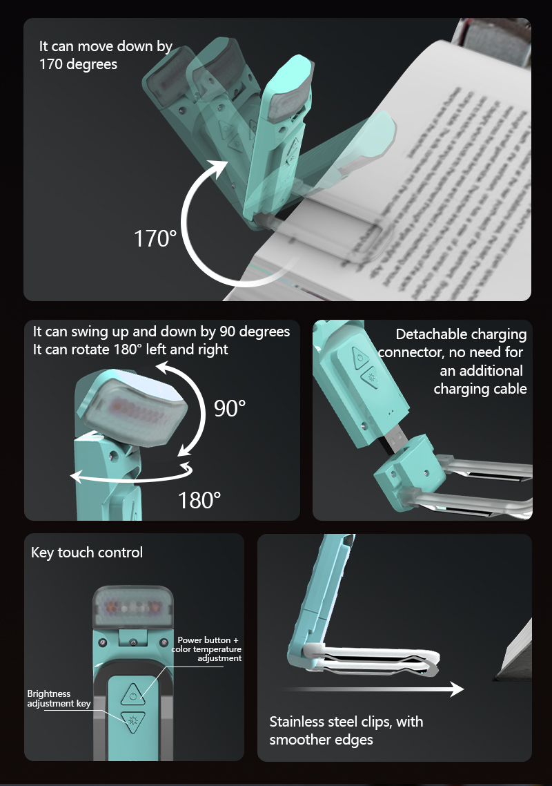 EGH USB Cyan 3 colors temperature Adjustable Brightness Book Light detail photo
