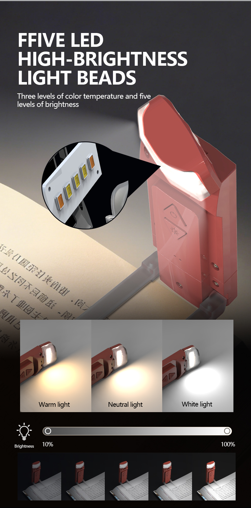 EGH Mini USB 5-Speed Dimming Eye-Comfort Garnet Red Travel Book Light detail photo