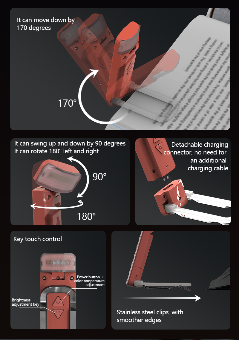 EGH Mini USB 5-Speed Dimming Eye-Comfort Garnet Red Travel Book Light detail photo