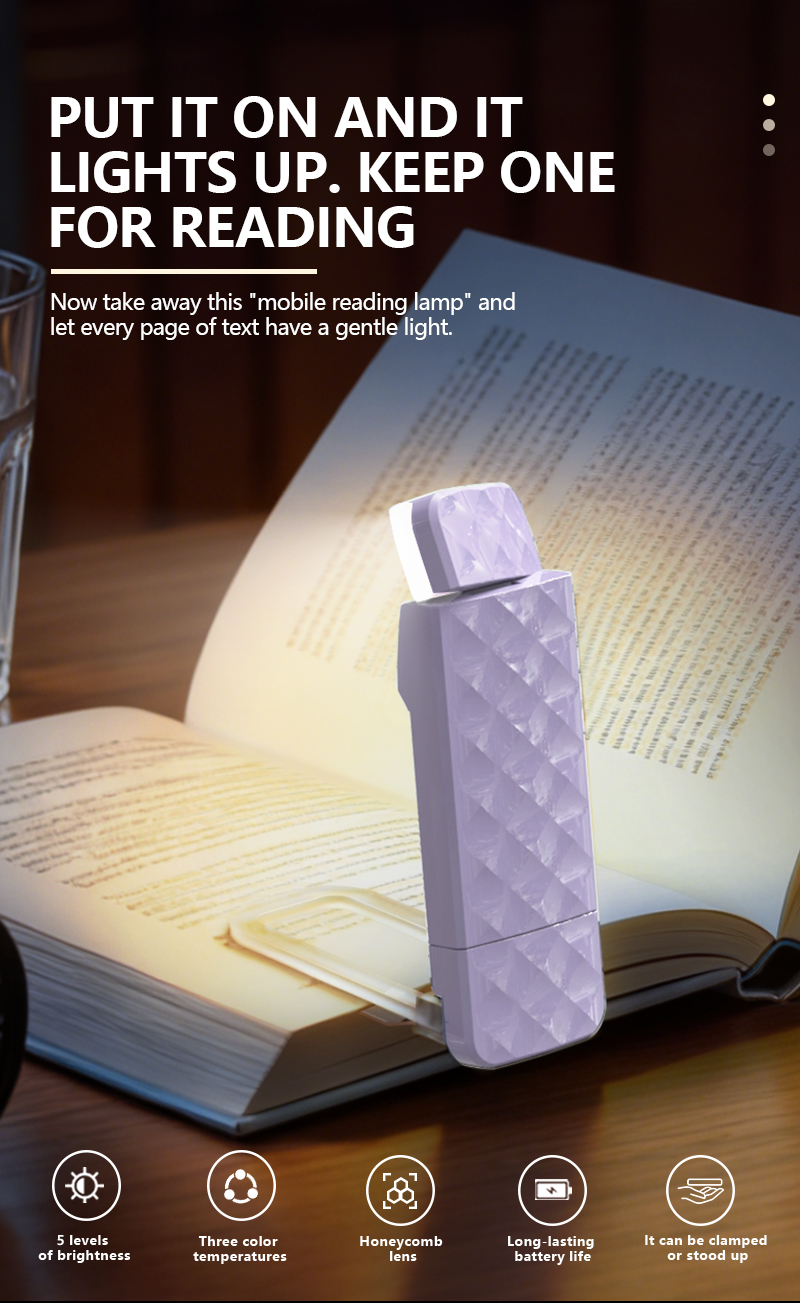EGH 3 Colors Light Purple USB Rechargeable Book Light detail photo