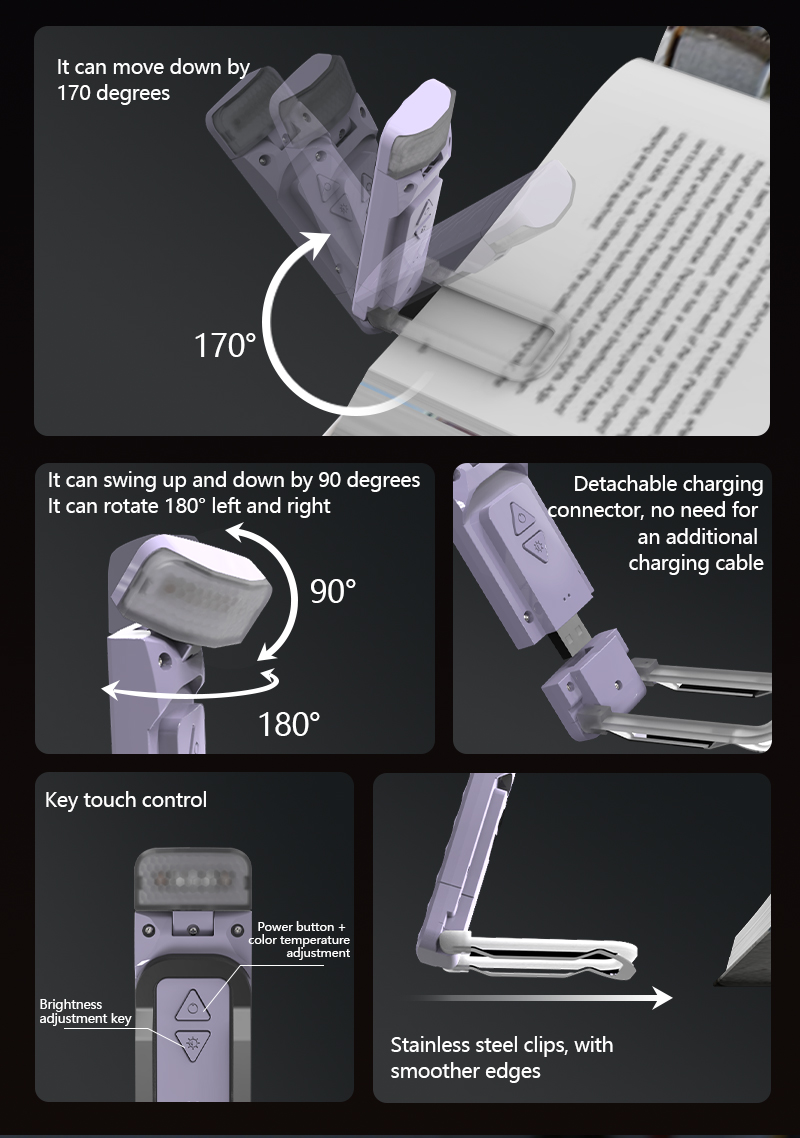 EGH 3 Colors Light Purple USB Rechargeable Book Light detail photo