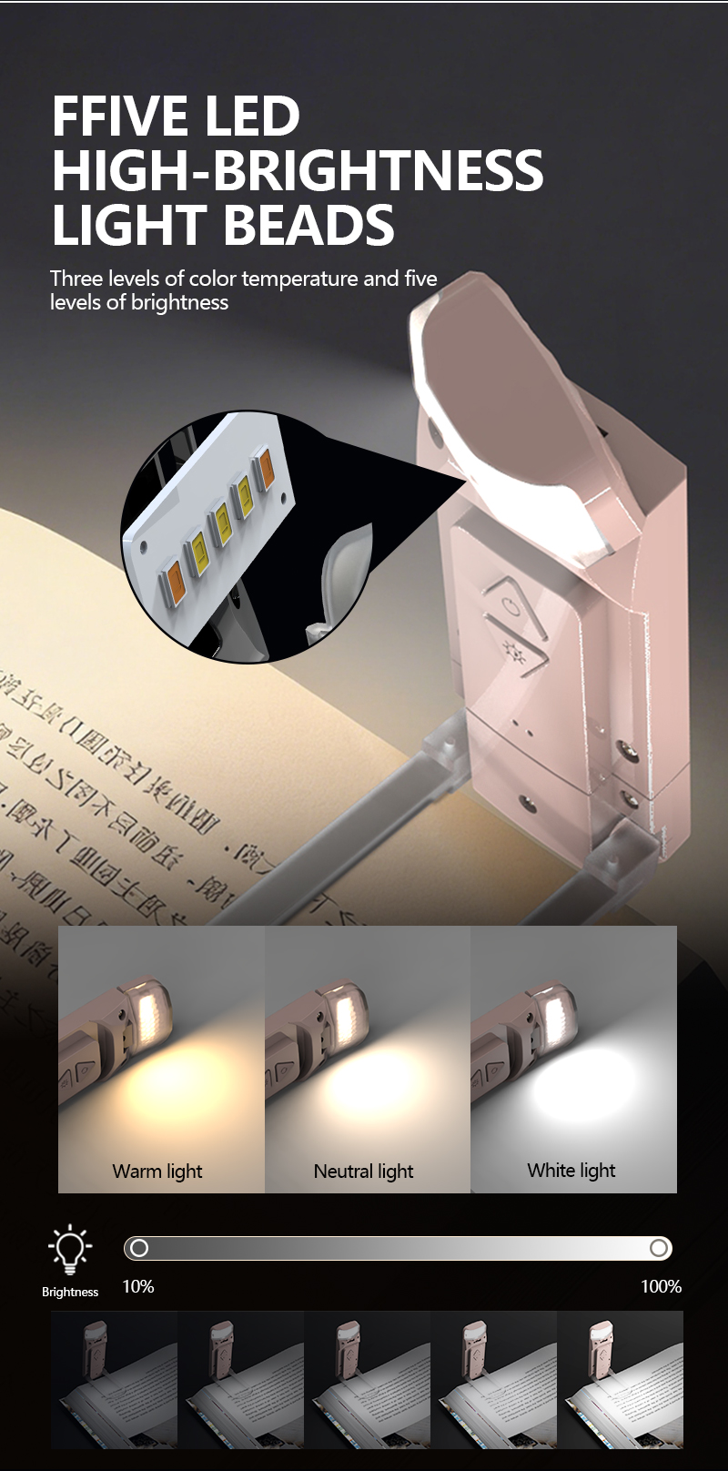 EGH 500mAh Pink USB Clip-on Book Light detail photo