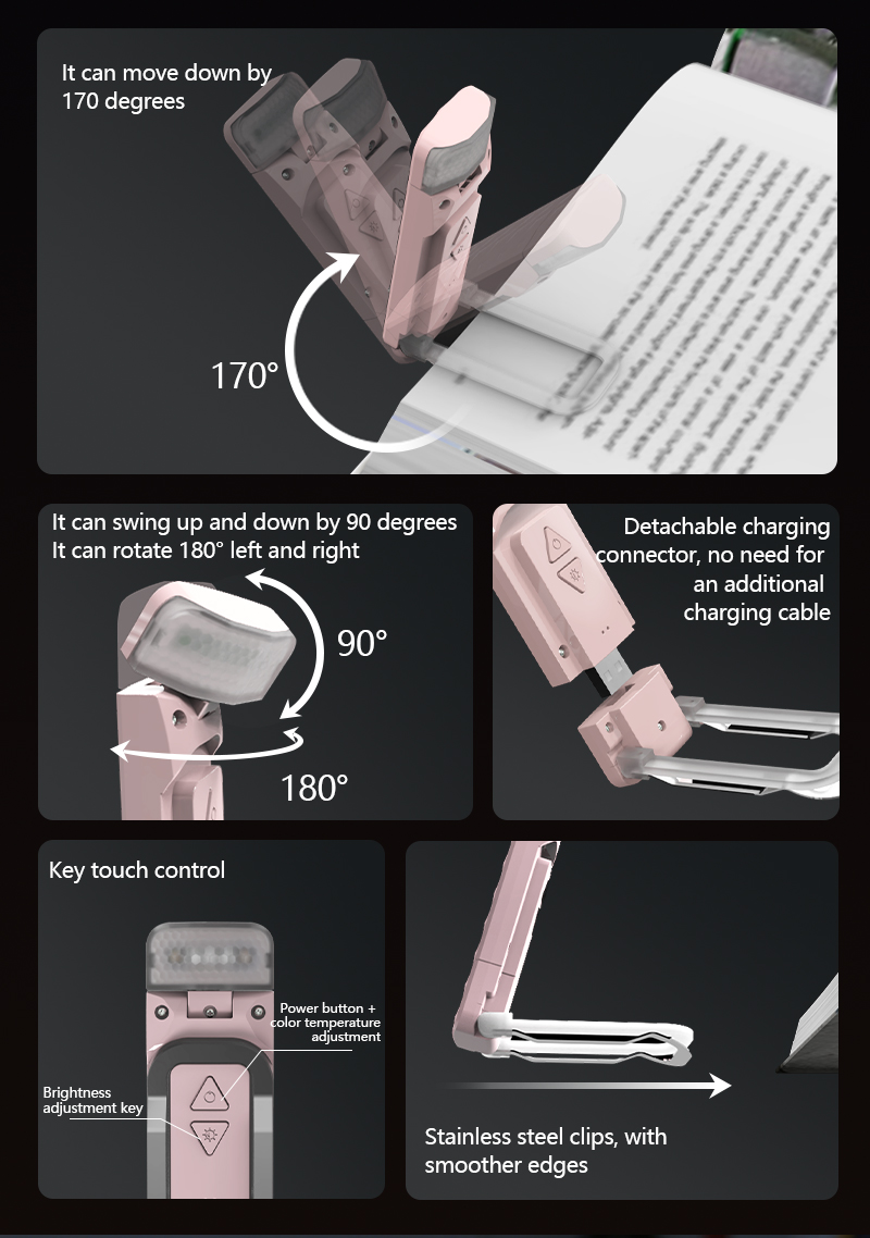 EGH 500mAh Pink USB Clip-on Book Light detail photo